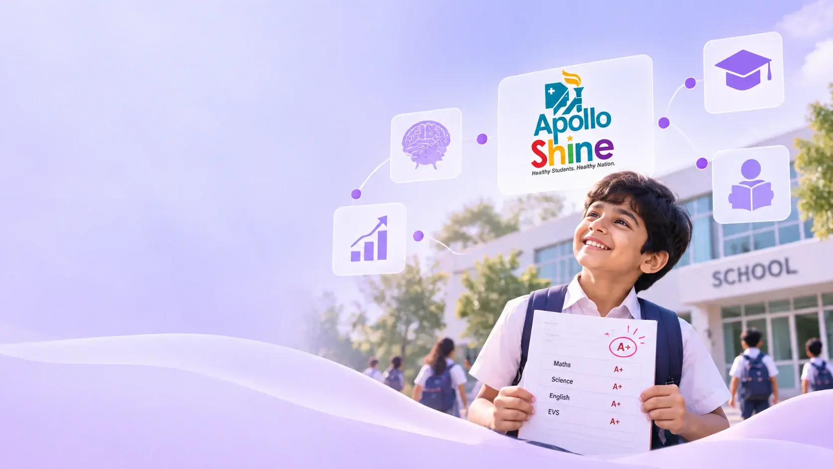 A smiling student holding up his report card outside school